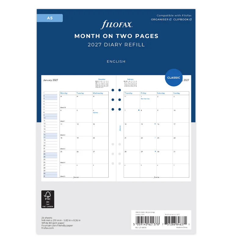 1 Monat / 2 Seiten englisch A5 2027