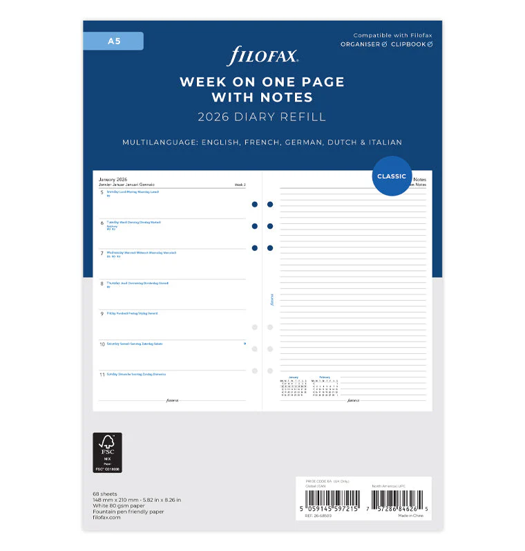 1 Woche / 1 Seite + 1 Seite Notizen multilingual A5 2026