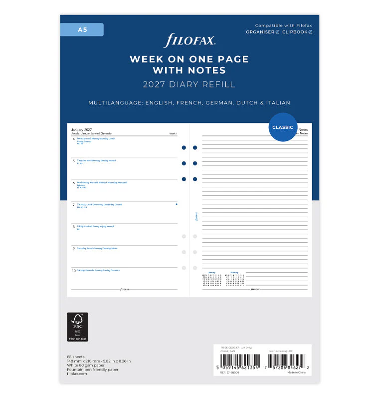 1 Woche / 1 Seite + 1 Seite Notizen multilingual A5 2027