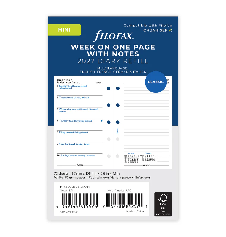 1 Woche / 1 Seite + 1 Seite Notizen, multilingual Mini 2027