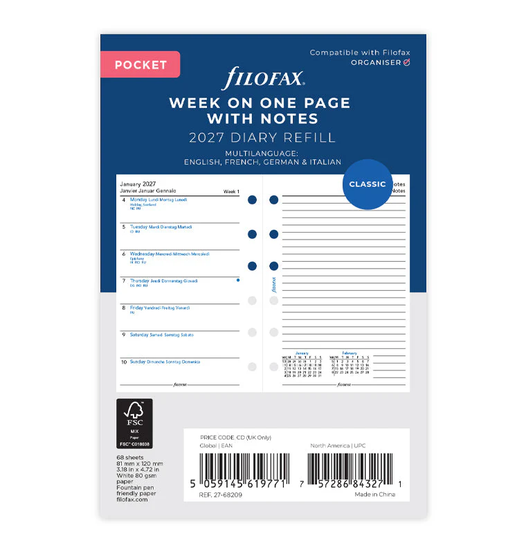 1 Woche / 1 Seite + 1 Seite Notizen, multilingual Pocket 2027