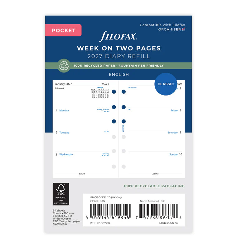 1 Woche / 2 Seiten englisch Pocket 2027 - Recyclingpapier