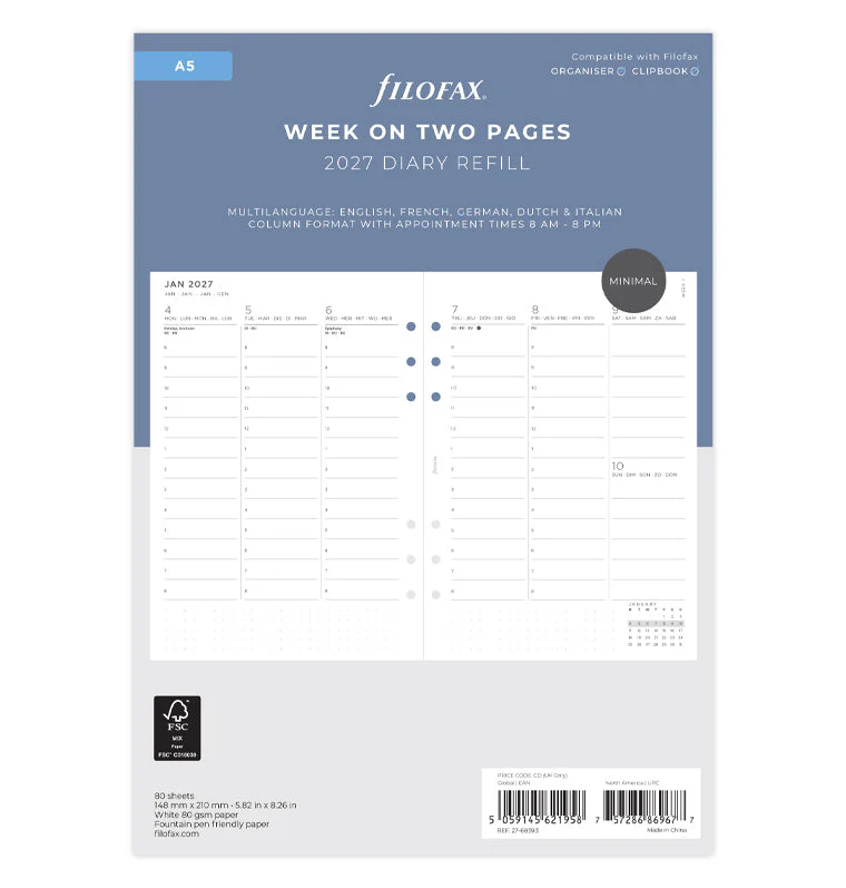 Minimal Kalender 1 Woche / 2 Seiten vertikal A5 2027